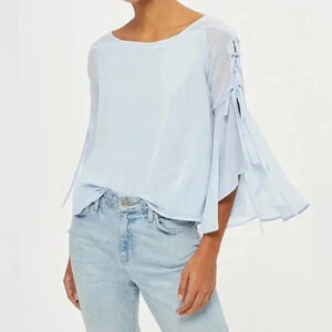 Topshop Eyelet Lace Up Fluted Sleeves Sheer Blouse Top Light Blue Size Small